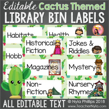 Preview of Cactus Theme Library Labels for Book Bins - Editable