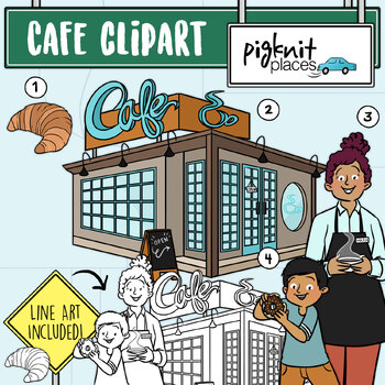 Preview of Cafe Coffee House Clipart Building with Barista, Croissant, and Child