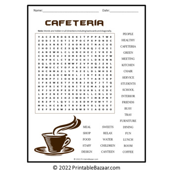 Cafeteria Word Search Puzzle - No Prep Activity Printable PDF by Puzzles  Bazaar