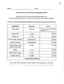 Preview of Calculate cost of recipes groceries simple special ed vocational math skills