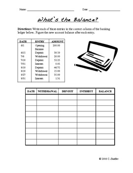 Preview of Calculate the Bank Account Balance Worksheet (with answer key)