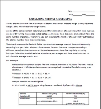 Calculating Average Atomic Mass By Mizzz Foster Tpt