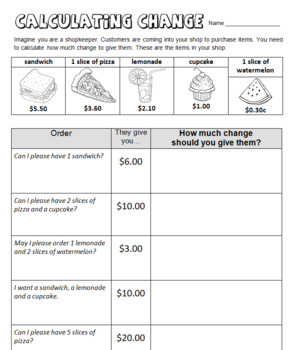 Preview of Calculating Change worksheet - Math Money