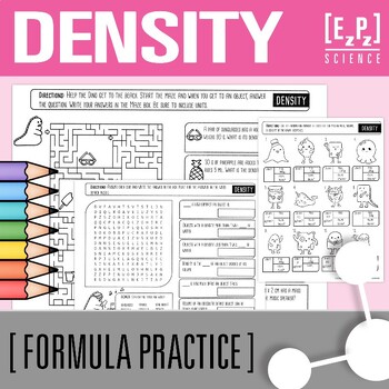 Preview of Calculating Density | Solving for D=m/v Formula Practice, Maze & Word Search