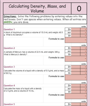 Preview of Calculating Density, mass, and Volume practice *SELF GRADING* google sheet