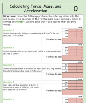 Preview of Calculating Force, Mass, and Acceleration *SELF GRADING* google sheet