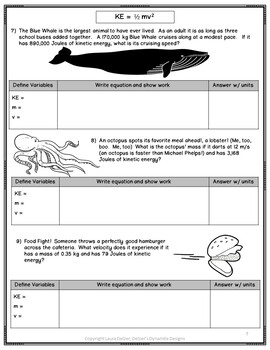 Calculating Kinetic Energy Worksheet by Delzer's Dynamite Designs
