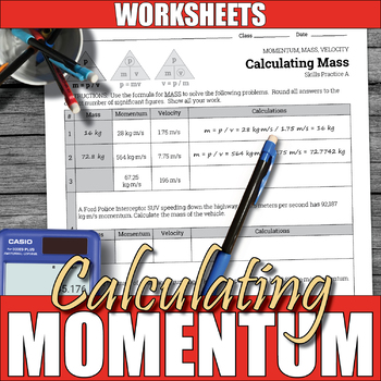 Preview of Calculating Momentum, Mass, Velocity Worksheets | Printable | Digital