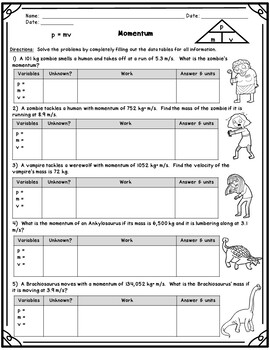 Calculating Momentum Worksheet by Delzer's Dynamite Designs | TpT