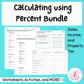 Preview of Calculating Percents Worksheet Bundle - Discount, Property, Sales and Income Tax