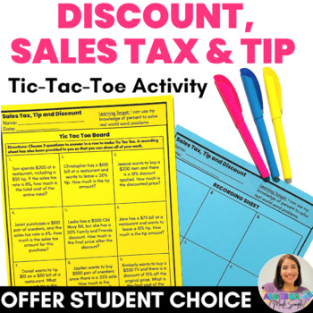 Preview of Calculating Sales Tax Discount and Tip Percent Choice Board Fun Task Activity