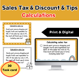 Calculating Sales Tax, Discounts, Tips - Task Cards, SCOOT Game