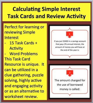 Preview of Calculating Simple Interest - FREEBIE - Task Cards and UNIQUE Activity