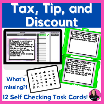 Preview of Calculating Tax, Tip, and Discount Task Cards Printable and Digital Activity