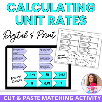 Preview of Calculating Unit Rates Matching Cut and Paste interactive activity with Digital