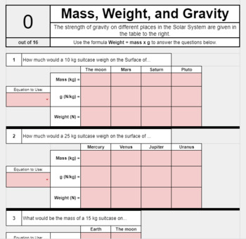 Preview of Calculating Weight, Mass, and Gravity *SELF GRADING* google sheet for eLearning