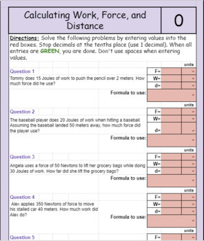 Preview of Calculating Work, Force, and Distance *SELF GRADING* google sheet