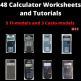 Math Calculator practice 48 Tutorials tasks keys, Fractions Decimals Roots, etc