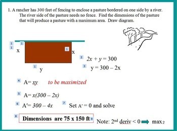 Calculus Derivatives Max Min Optimization Worksheet and Powerpoint