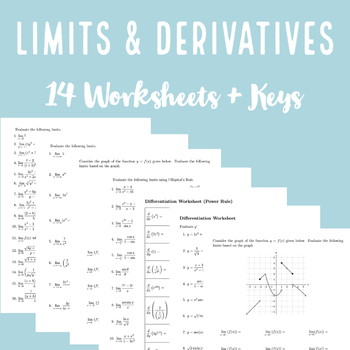 Preview of Calculus 1 Worksheets & Keys [ Limits & Derivatives ] - 14 Handouts Printables