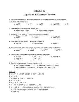 Preview of Calculus 12 Worksheet - Review of Logarithms, Exponents, and the Natural Log