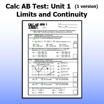 Preview of Calculus AB Test - Unit 1 - Limits and Continuity - ONE VERSION