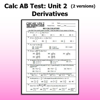Preview of Calculus AB Test - Unit 2 - Derivatives - TWO VERSIONS