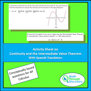 Preview of Calculus - Continuity and the Intermediate Value Theorem Activity Sheet
