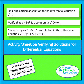 Preview of Calculus - Activity Sheet - Verifying Solutions for Differential Equations