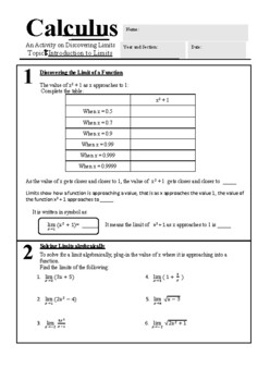 Preview of Calculus Activity Worksheet: Topic 1:  Introduction to Limits
