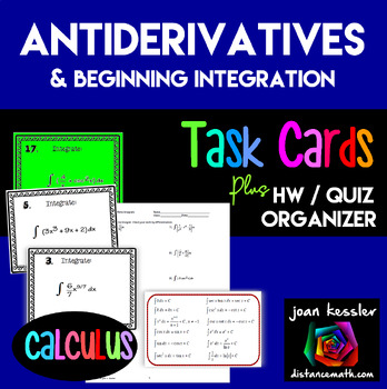 Preview of Calculus Antiderivatives - Indefinite Integration Task Cards  HW Organizer