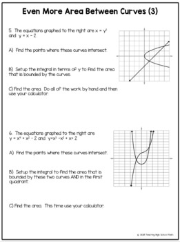 Calculus Area Between Curves Worksheet by Teaching High School Math