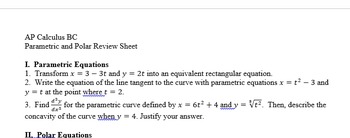 Preview of Calculus BC - Parametric and Polar Review Sheet