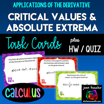 Preview of Calculus Critical Values Extrema Derivatives Task Cards and Worksheet