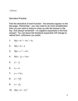 Calculus Derivative Practice By Julane Crabtree Tpt
