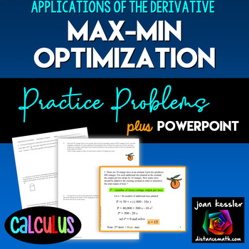Preview of Calculus Derivatives Max Min Optimization Worksheet and Powerpoint