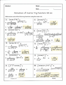 derivatives of inverse trig functions worksheet with answers