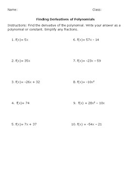 Preview of Calculus: Finding Derivatives of Polynomials (answer key included)