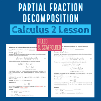 Preview of Calculus Integration Technique: Partial Fractions Scaffolded + Filled Notes