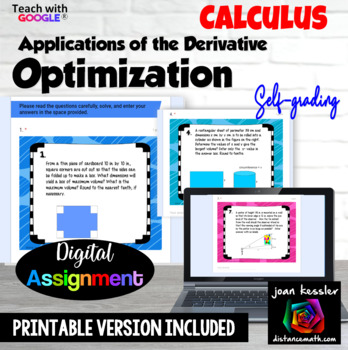 Preview of Calculus Optimization Applications Digital Activity plus PRINTABLE