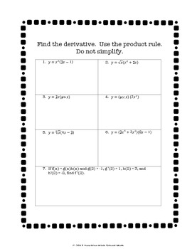 chain rule product rule quotient rule worksheet