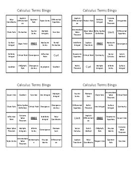 Preview of Calculus Review Terms Bingo - (100) Different Cards - Print, Cut, & Play!