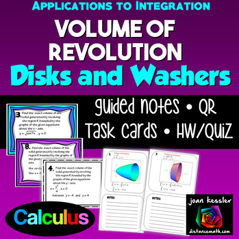 Preview of Calculus Volume of Revolution Disk and Washer Task Cards, Guided Notes, HW, QR