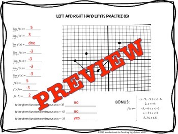 Calculus Working with Left and Right Hand Limits Worksheets and Quiz