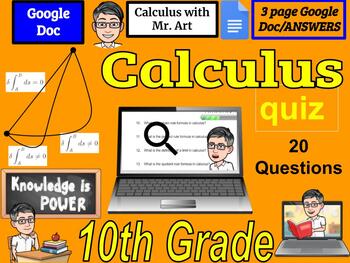 Preview of Calculus quiz- 10th Grade - 20 Questions with Answers / 3 pages