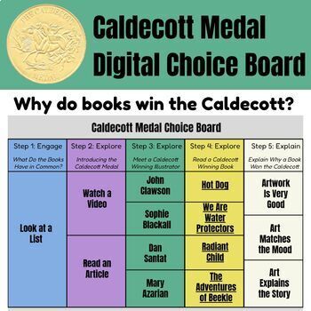 Preview of Caldecott Medal Digital Choice Board with Engage, Explore, Explain Learning Path