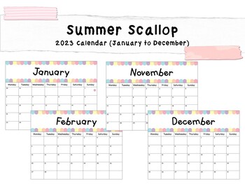 Calendar 2023 - Summer Scallop Theme by Has And Craft | TPT