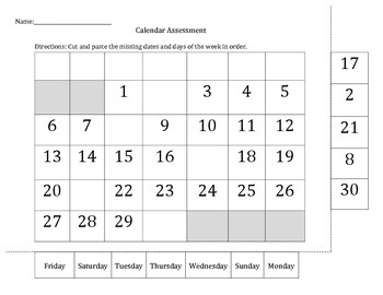 Preview of Calendar Assessment: Months, Days of the Week and Dates