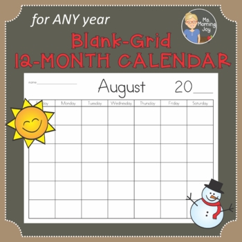 Preview of Calendar, Blank Grid, 12-Month, for Any Year