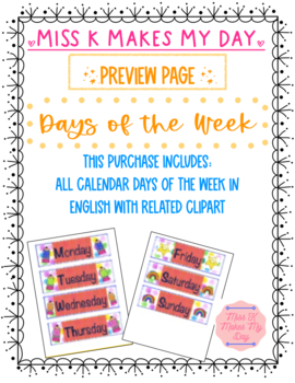 Preview of Preschool and Kindergarten Calendar Days of the Week! Large, Visuals